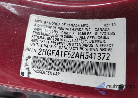 2010 Honda Civic Lx z USA, uszkodzony, nr VIN 2HGFA1F52AH541372